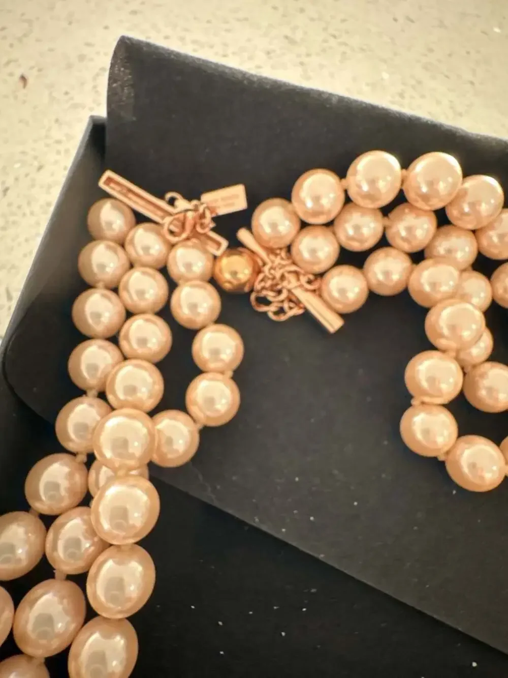 Kate Spade Moon River Triple Strand Pink Faux Pearl Necklace with Rose Gold Embe